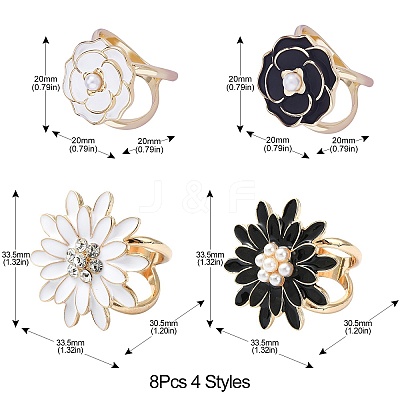 8Pcs 4 Styles Carnation & Daisy Golden Alloy Enamel Scarf Buckle Ring AJEW-CJ0001-33-1