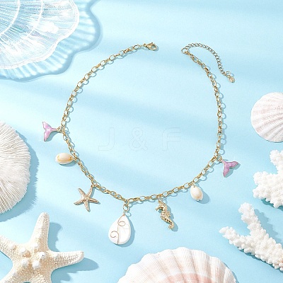 3Pcs 3 Styles Alloy Enamel Whale Tail Starfish & Natural Shell Teardrop Pendant 304 Stainless Steel Cable Chain Necklaces for Women NJEW-JN05407-1