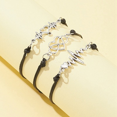 3Pcs 3 Styles Heart Beat & Infinity Alloy Link Bracelets Set BJEW-FZ00013-1