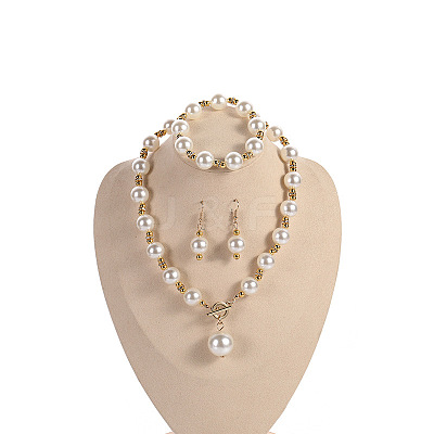Plastic Imitation Pearl Round Beaded Pendant Necklaces & Dangle Earrings & Bracelets Sets for Women WG180C3-06-1