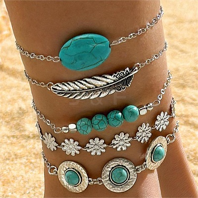 5Pcs 5 Styles  Bohemian Style Alloy with Synthetic Turquoise Bangles WGC966A-03-1