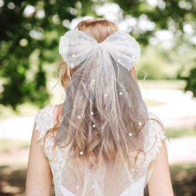 2Pcs 2 Colors Bowknot Long Mesh Tulle Bridal Veils with Hair Barrettes & Imitation Pearl OHAR-GO0001-10-1