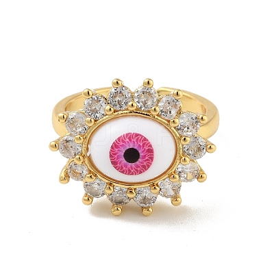 Cubic Zirconia Sun with Evil Eye Open Cuff Ring with Acrylic RJEW-B042-06G-02-1