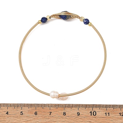 Faceted Horse Eye Natural Mixed Stone Herringbone Wire-Wrapped Brass Open Cuff Bangles with Natural Pearl for Women BJEW-JB14303-1