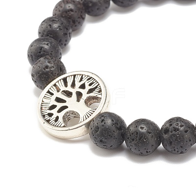 Natural Lava Rock Stretch Bracelet with Tree of Life BJEW-JB07692-1