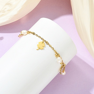 304 Stainless Steel & Electroplated Glass Natural Cultured Freshwater Pearl Charm Bracelets BJEW-JB13978-1
