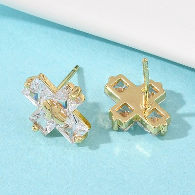 Brass Micro Pave Clear Cubic Zirconia Cross Stud Earrings EJEW-F400-22A-G-1