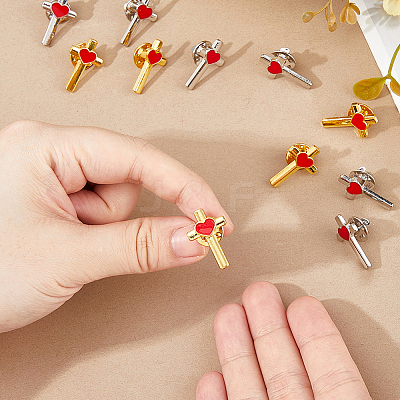 24Pcs 2 Colors Cross with Heart Alloy Enamel Lapel Pin Backs for Backpack Clothes JEWB-FG0001-59-1
