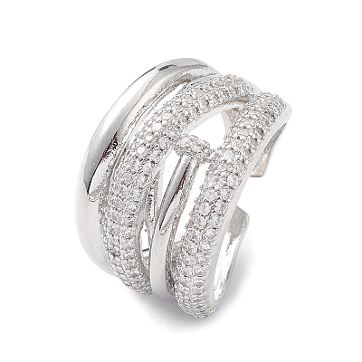 Clear Cubic Zirconia Flower Open Cuff Ring RJEW-C056-10P-1