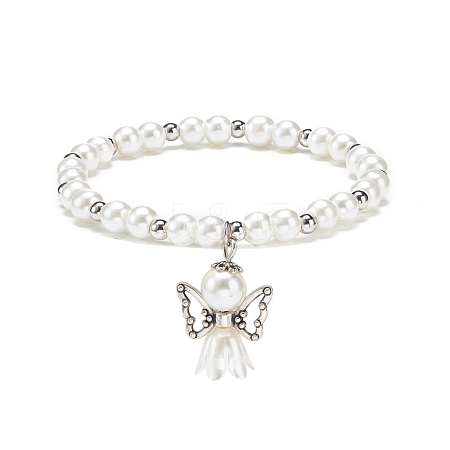 Glass & Plastic Imitation Pearl Beaded Stretch Bracelet with Alloy Fairy Charm for Women BJEW-JB08704-1