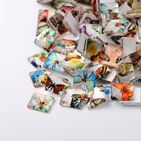 Butterfly Printed Glass Square Cabochons X-GGLA-N001-25mm-C-1