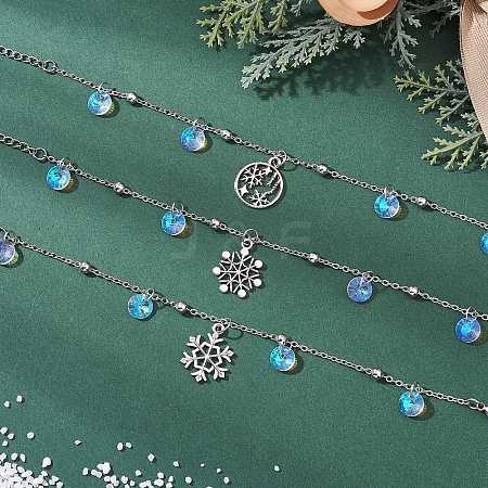 3Pcs Christmas Snowflake Alloy Charm Bracelets BJEW-JB12677-1