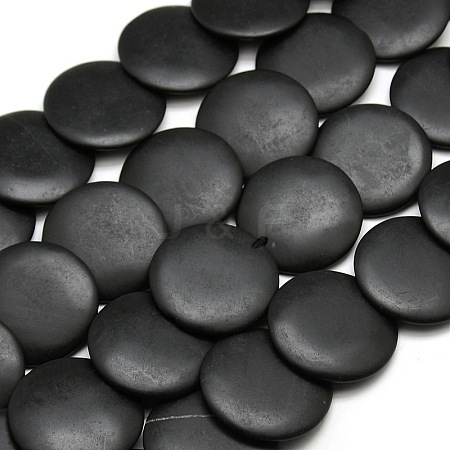 Natural Flat Round Black Stone Beads Strands G-P062-42-1