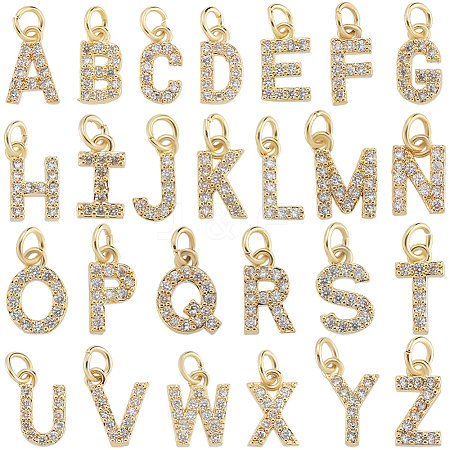 26Pcs 26 Styles Real 18K Gold Plated Brass Micro Pave Clear Cubic Zirconia Charms KK-BBC0018-09-1