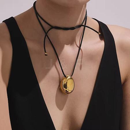 304 Stainless Steel Teardrop Pendant Adjustable Black Leather Cord Slider Necklaces for Women WG7319D-01-1
