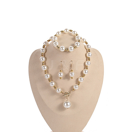 Plastic Imitation Pearl Round Beaded Pendant Necklaces & Dangle Earrings & Bracelets Sets for Women WG180C3-06-1