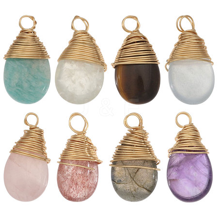 8Pcs 8 Styles Natural Mixed Stone Teardrop Pendants PALLOY-CA00031-1