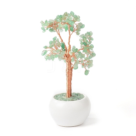 Natural Green Aventurine Chips with Brass Wrapped Wire Money Tree on Ceramic Vase Display Decorations DJEW-B007-02A-1