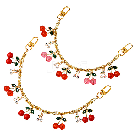 2Pcs 2 Styles Acrylic Red Pink Cherry Charm Brass & Aluminium Bag Decorative Chains PURS-SC0001-04-1