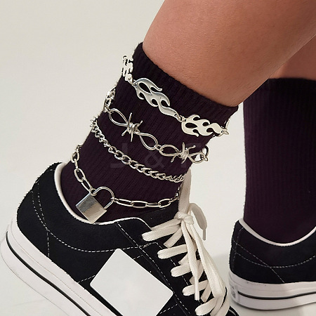 Iron & Aluminum Chain Barbed Wire Flame Multi-Layered Anklets WG98879-07-1