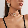 Oval Brass & Glass & Plastic Pearl Beaded Chain Collar & Stud Earrings Sets FS-WG5CD09-02-1