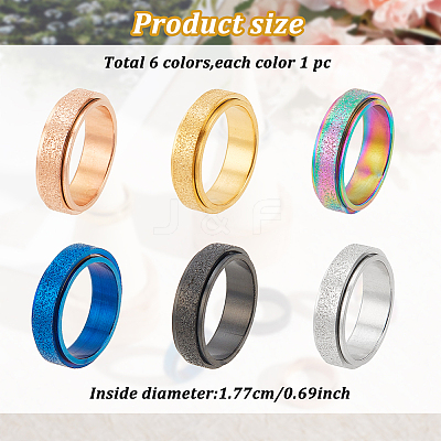 6Pcs 6 Colors Textured Stainless Steel Rotating Finger Rings Set RJEW-AN0001-08-1