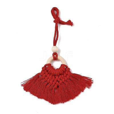 Handmade Macrame Nylon Thread Pendant Decorations with Wood Beads HJEW-P019-03C-1