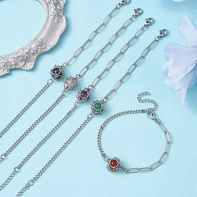 Natural Gemstone Round Link Bracelet BJEW-JB10032-02-1