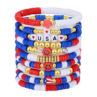 10Pcs Independence Day Theme Handmade Polymer Clay Beads Stretch Bracelets BJEW-SW01605-1