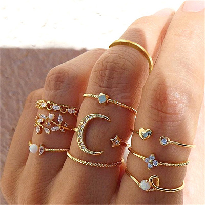 10Pcs Alloy with Crystal Rhinestone Finger Rings WG3531F-01-1