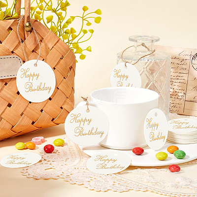 100Pcs Flat Round Gold Stamping Word Happy Birthday Hanging Gift Tags DIY-SP0003-87A-1