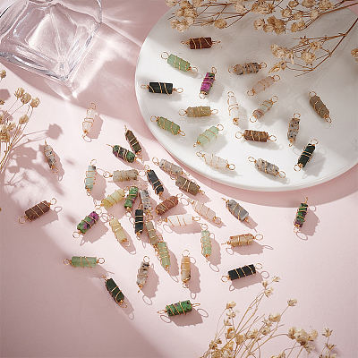 48Pcs 8 Colors Natural Mixed Gemstone Brass Wire Wrapped Column Connector Charms PALLOY-HY00042-1