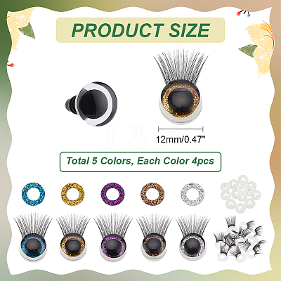 20Pcs 5 Colors Glitter Plastic Doll Craft Eyes with Eyelashes AJEW-PH0011-77-1