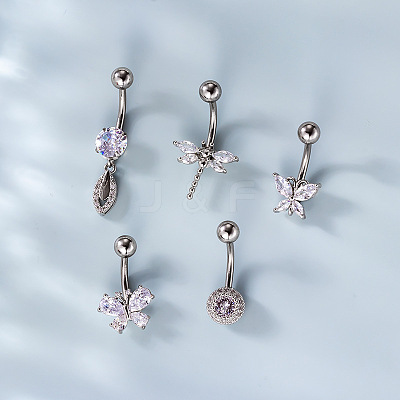 316L Surgical Stainless Steel Clear Cubic Zirconia Curved Barbell Belly Rings WG7644D-05-1