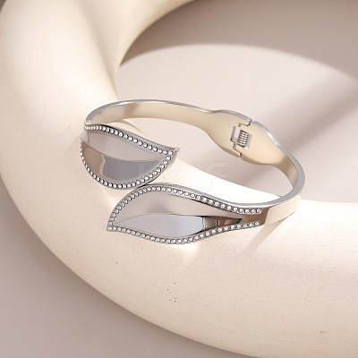304 Stainless Steel Crystal Rhinestone Leaf Open Hinged Cuff Bangles for Women SA-CBA48C7-01P-1