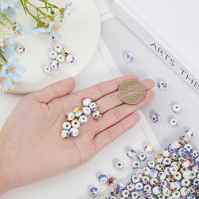 210Pcs 6 Style Floral Printed Porcelain Beads PORC-GL0001-01-1