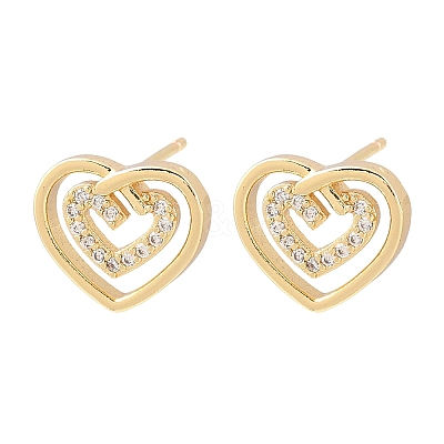 Brass Micro Pave Clear Cubic Zirconia Heart Stud Earrings EJEW-F400-28A-G-1
