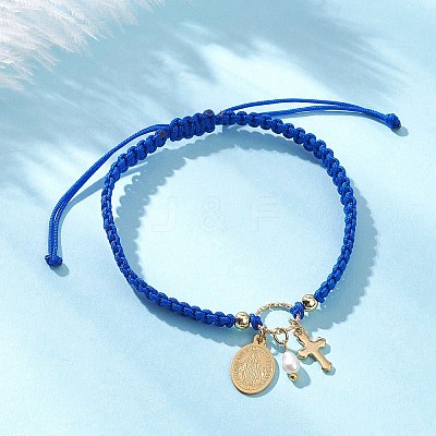 Oval with Virgin Mary & Cross 304 Stainless Steel & Natural Freshwater Pearl Charm Bracelets BJEW-JB12928-01-1