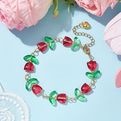 Glass Tulip Flower Beaded Bracelet with 304 Stainless Steel Clasps BJEW-JB09959-02-1