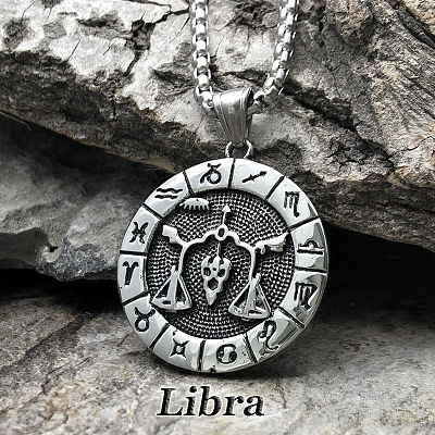 Flat Round with Engraved Twelve Constellation Alloy Pendant Necklace for Women Men WG25F4B-02-1