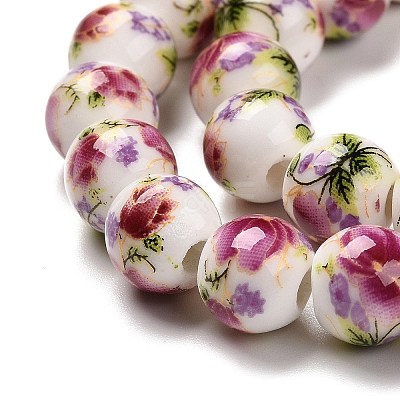 Handmade Flower Printed Porcelain Ceramic Beads Strands PORC-J006-C04-1