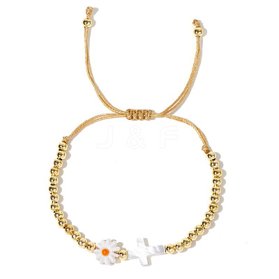 Fashionable Brass Bead & Cross Shell Daisy Braided Bead Bracelets for Women PV3850-1