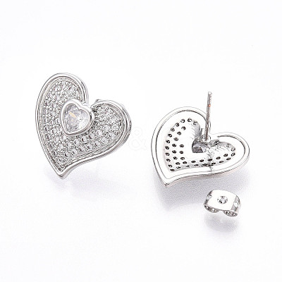 Heart Brass Pave Clear Cubic Zirconia Stud Earrings EJEW-M258-32P-1
