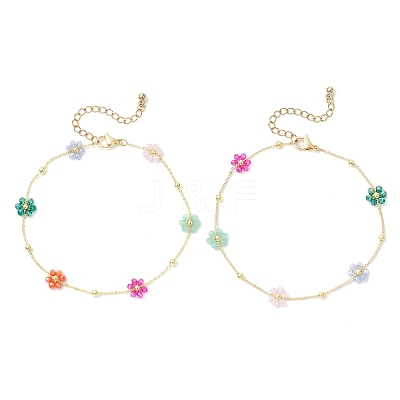 Brass & Glass Beaded Flower Link Chains Anklets AJEW-AN00730-1