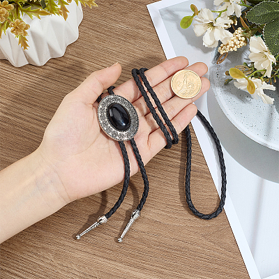 1Pc Alloy & Acrylic Imitation Synthetic Turquoise Oval Pendant Black PU Leather Cord Boho Tie Lariat Necklaces NJEW-GF0001-22-1