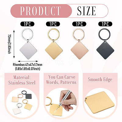 4Pcs 4 Styles Stainless Steel Keychains KEYC-TA0004-81C-1
