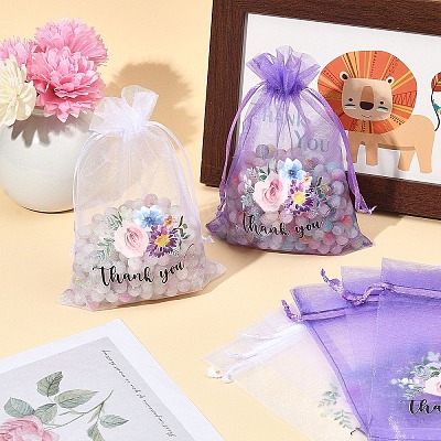 20Pcs Thank You Flower Printed Organza Drawstring Bags OP-YW0001-04A-1