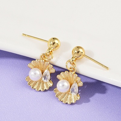 Shell Shape Brass Micro Pave Clear Cubic Zirconia Dangle Stud Earrings EJEW-F895-13G-1