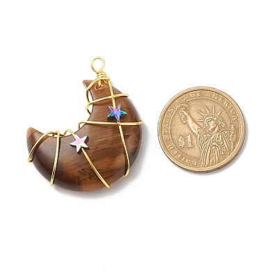 Natural Tiger Eye Copper Wire Wrapped Pendants PALLOY-JF01639-02-1