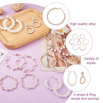 7 Pairs 7 Style Resin Pearl Beaded C-shape & Ring Dangle Stud Earrings FIND-KS0001-16-1